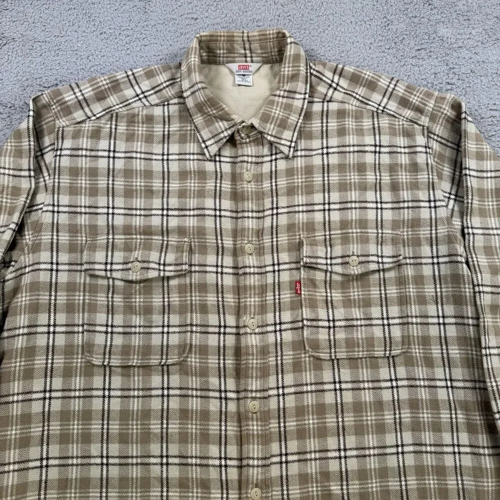 Levi's Dry Goods‎ Shirt Men's L Beige Plaid Long Sleeve Button Up Flannel